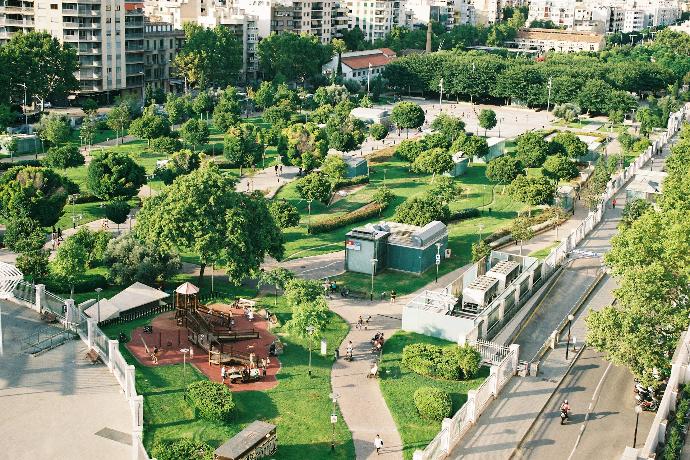 aerial photography plaza with trees and buildings